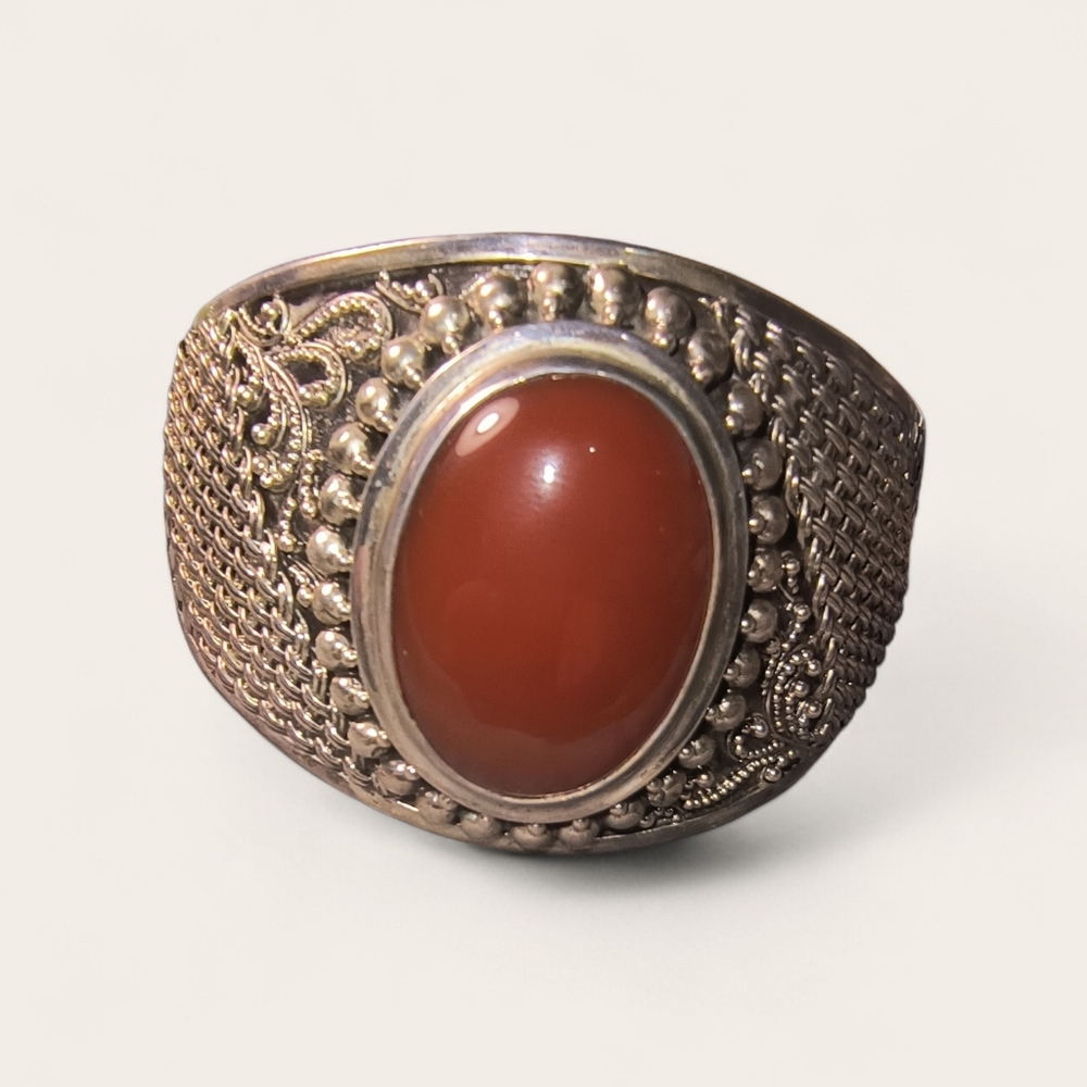 Suarti Bali Sterling Silver & Carnelian Very Heavy Ornate Cuff Bracelet 71 Grams